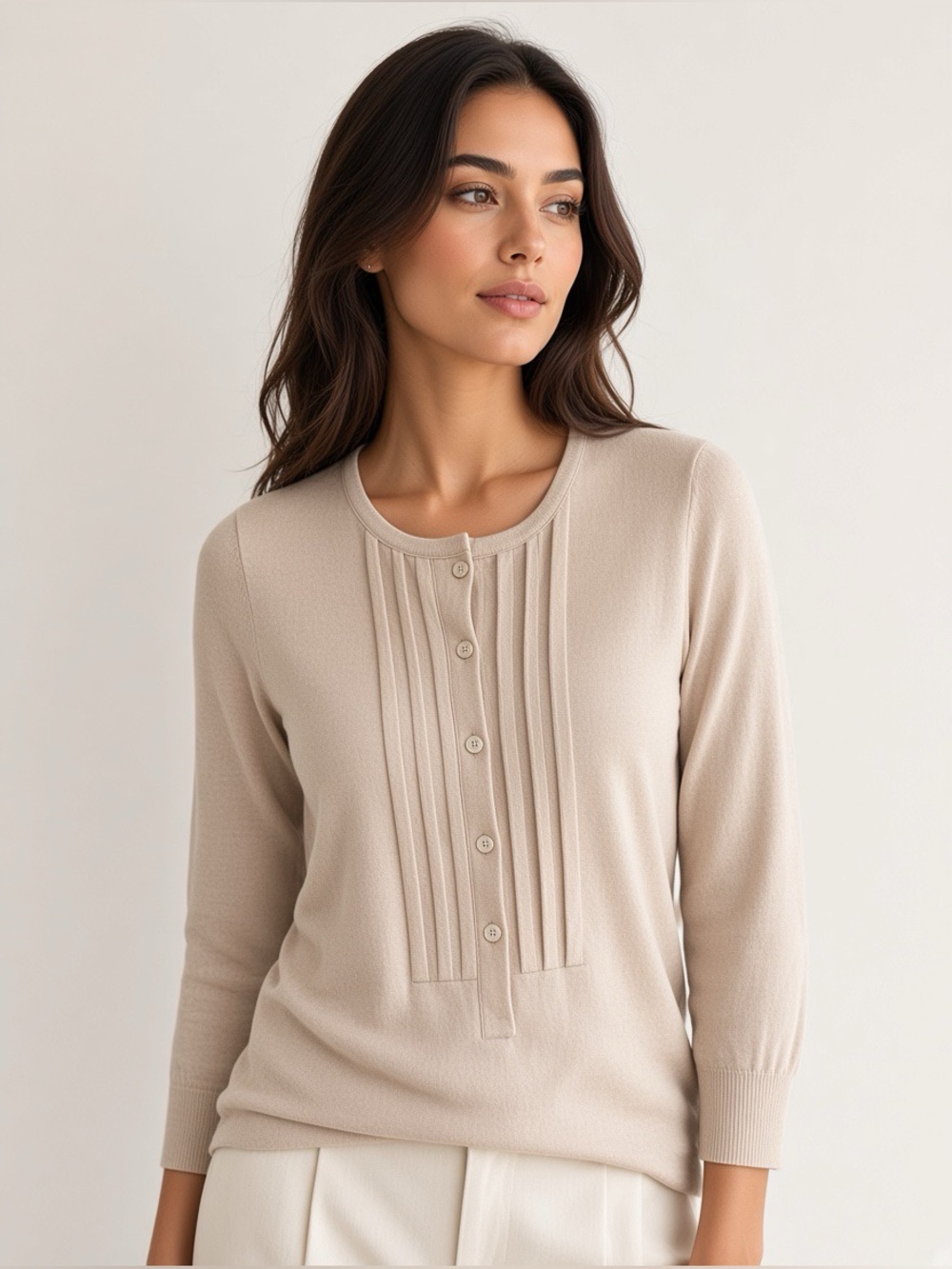 J. Crew Cream Sweater 100% Cashmere Pleated Button-Front Long Sleeve Top SZ S